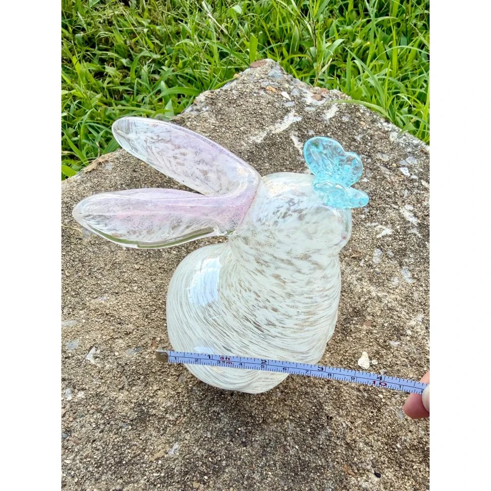 Hand Blown Art Glass Bunny Figurine White Swirl Pink Ears Blue Butterfly 8.5in